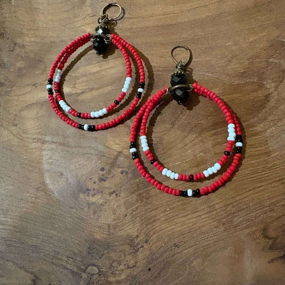 Vibrant Red and White Beaded Earrings